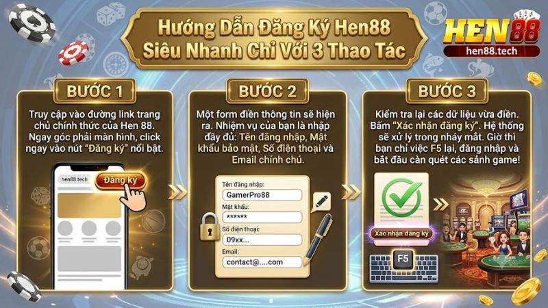 3 bước thao tác đăng ký Hen88 nhanh chóng trên điện thoại