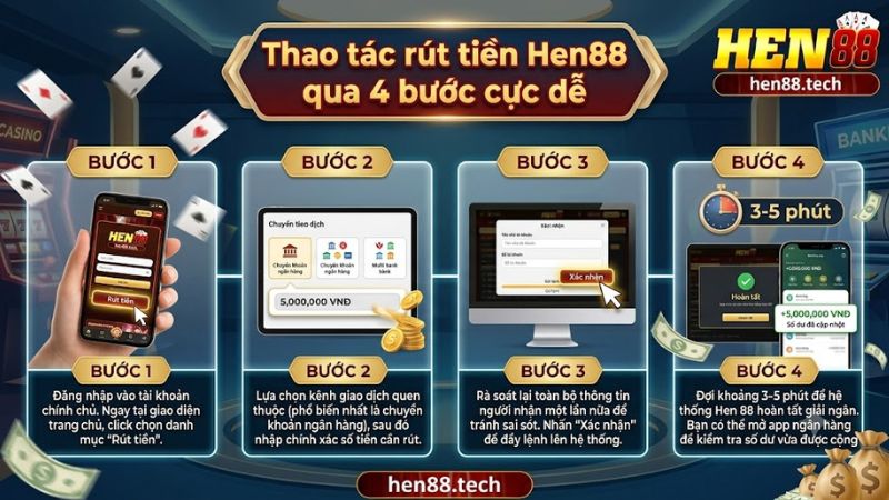 Các bước thao tác rút tiền Hen88 trực tiếp trên ứng dụng điện thoại