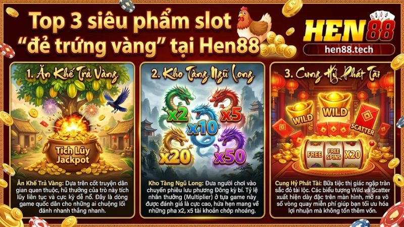 Top 3 siêu phẩm slot game nổ hũ hái ra tiền tại Hen88 Top 3 siêu phẩm slot game nổ hũ hái ra tiền tại Hen88